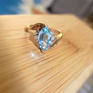 14K Gold, Diamonds, Blue Topaz Bypass Marquise Ring, 6.75, Vintage, Estate